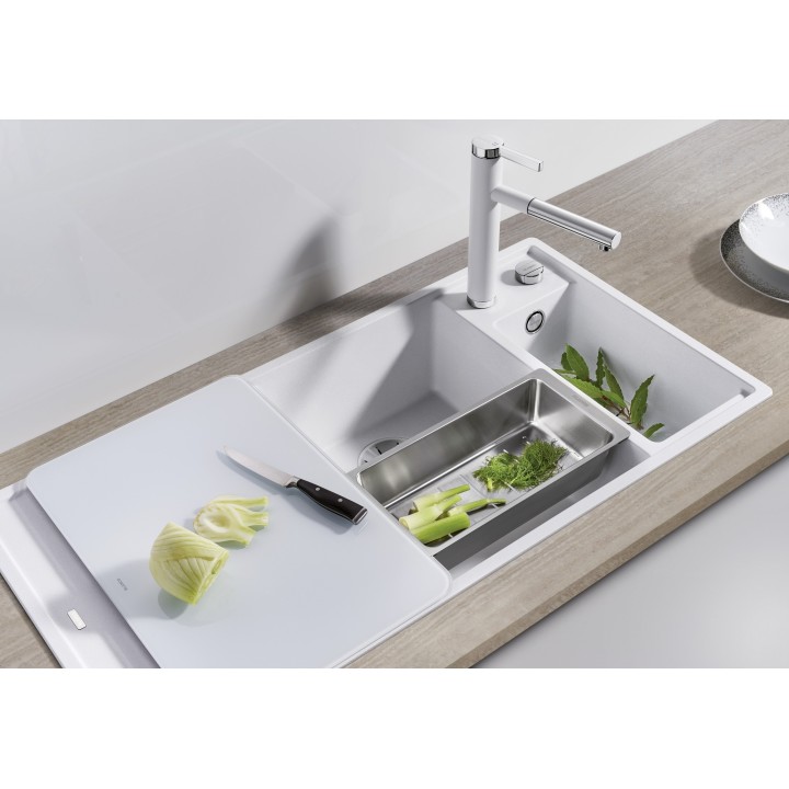 Kuchyňský dřez Blanco Axia III 6 S Bílá soft, levý, se skleněnou krájecí deskou a miskou