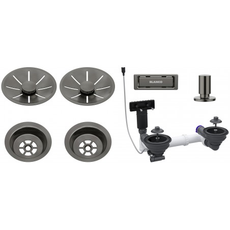 Odtoková sada Blanco v provedení Dark Steel, pro dvě vaničky s excentrem Odtoková sada Blanco v provedení Dark Steel, pro dvě vaničky s excentrem